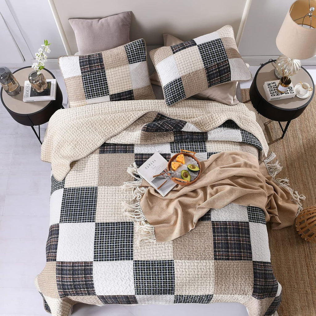 SahSahCasa Quilt King Size, King Quilt Set, 100% Cotton King Quilt Bedding Set Bedspread, Patchwork Farmhouse Quilt, Plaid Lightweight Rustic Quilts Comforter for King Bed, Beige, for All Season