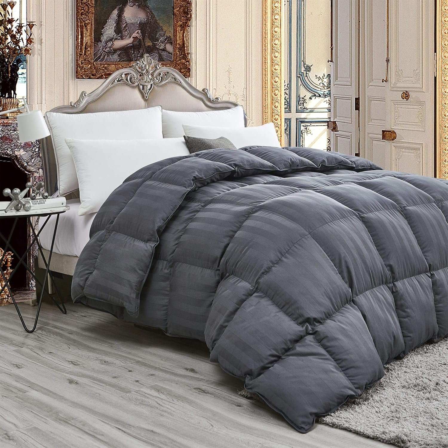 Luxurious Light Weight Goose Down Comforter King/California King Size Duvet, Exquisite Gray Stripe Design, 1200 Thread Count 100% Egyptian Cotton Fabric, Hypoallergenic, 50 oz Fill Weight