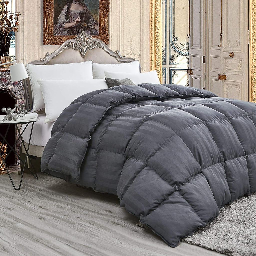 Luxurious All-Season Goose Down Fiber Comforter Twin/Twin XL Size Duvet Insert, Exquisite Gray Stripe Design, 100% Egyptian Cotton Down Proof Fabric, 50 oz Fill Weight