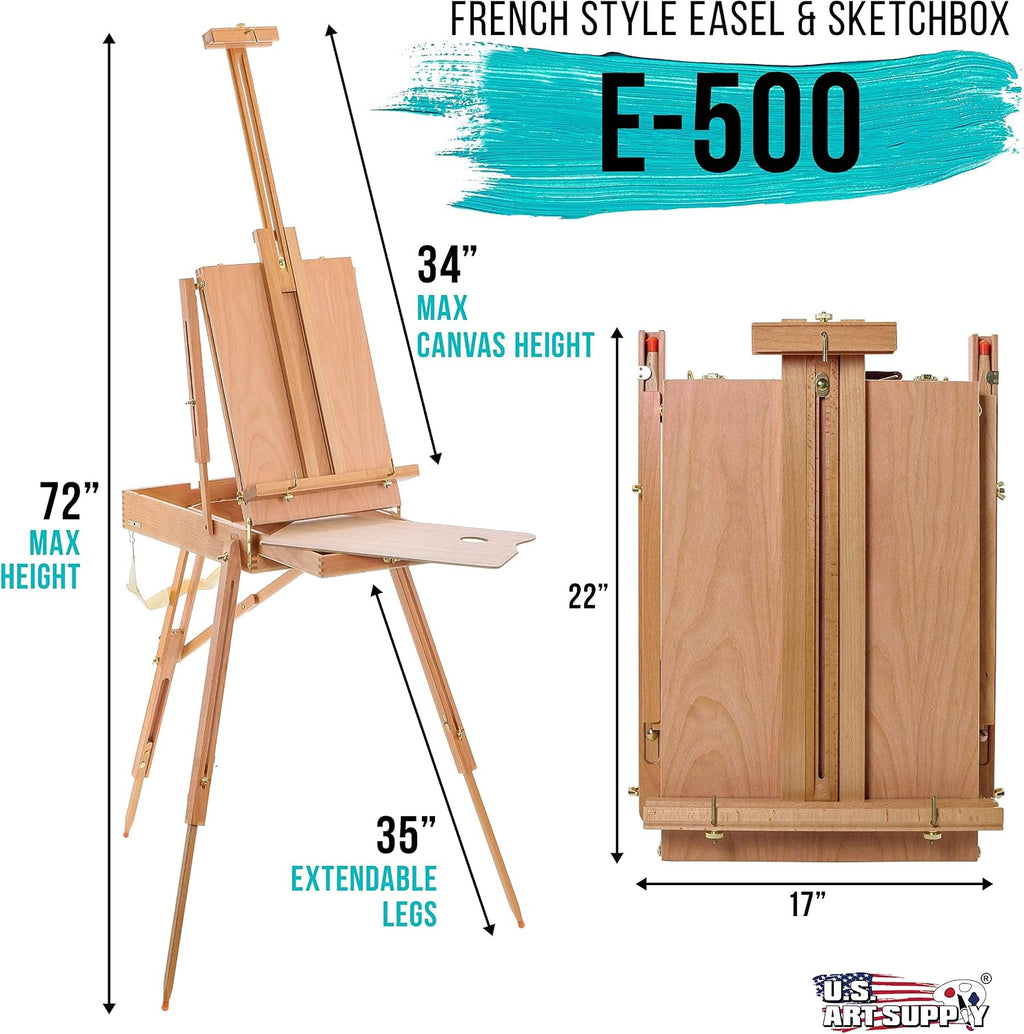 U.S. Art Supply Large Beechwood French Easel, Adjustable Plein Air Easels Sketchbox Tripod for Field & Studio Painting Easel for Adults, Drawing, Display - Portable with Artist Drawer & Palette