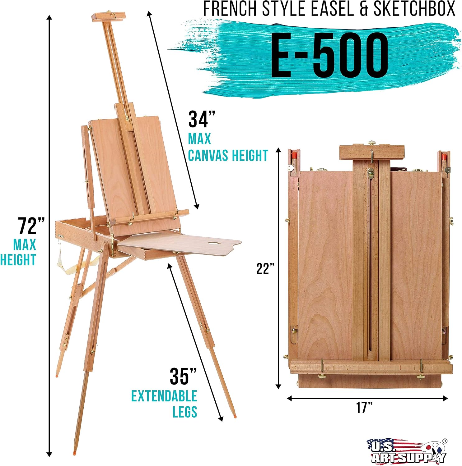 U.S. Art Supply Large Beechwood French Easel, Adjustable Plein Air Easels Sketchbox Tripod for Field & Studio Painting Easel for Adults, Drawing, Display - Portable with Artist Drawer & Palette