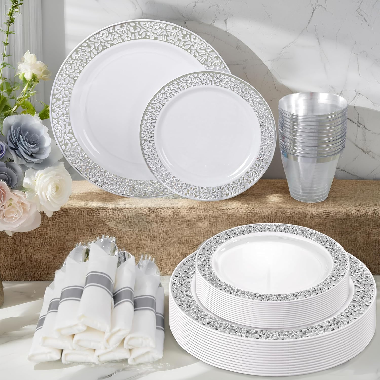 WELLIFE 700 Pieces Silver Disposable Plastic Dinnerware, Includes:100 Dinner Plates, 100 Dessert Plates, 100 Cups, 400 Pre Rolled Napkins with Silver Cutlery