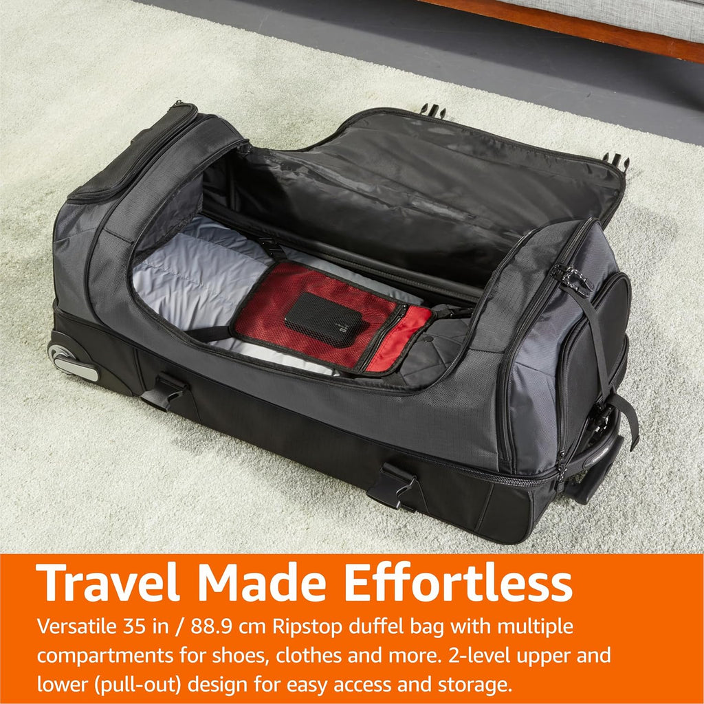 Amazon Basics 35-inch Large Rolling Duffel Bag with Wheels and Handle, Travel Duffle with Durable Ripstop Polyester Material, 2 Layers of Storage Space, Multiple Interior and Exterior Pockets, Black