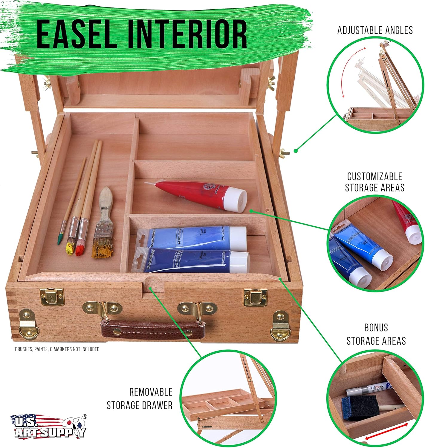 U.S. Art Supply Large Beechwood French Easel, Adjustable Plein Air Easels Sketchbox Tripod for Field & Studio Painting Easel for Adults, Drawing, Display - Portable with Artist Drawer & Palette