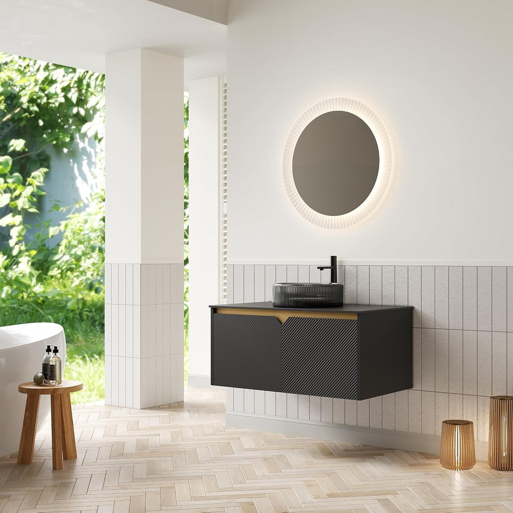 36 Inch Bathroom Vanity with Sink, Floating Fluted Vanity with Vessel Sink, Modern Bathroom Vanity Cabinet with 2 Doors with Metal Trim, Round Glass Sink & Sintered Stone Top, Black