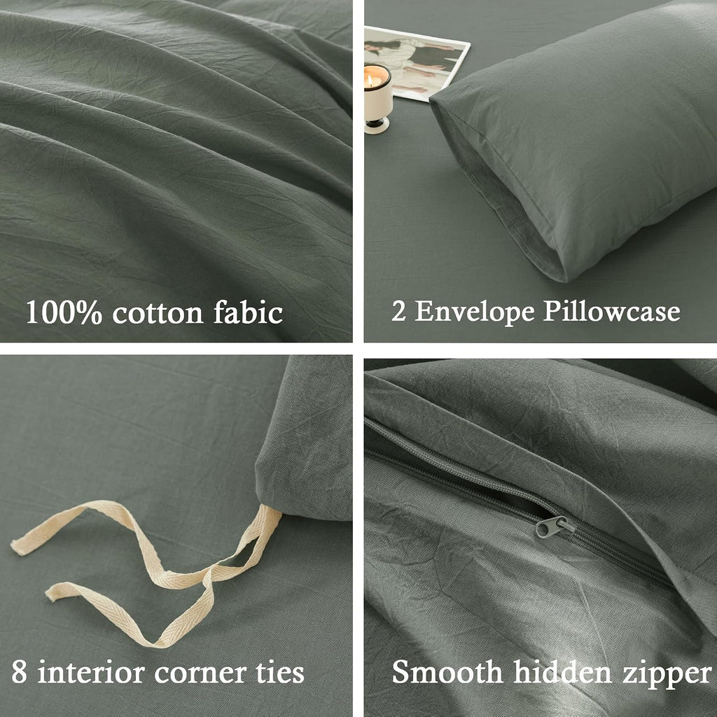 Oversized King Plus Cooling Duvet Cover Set - 3 Pieces 100% Cotton Bedding, Breathable, Crisp Linen-Like Texture, Naturally Soft & Gets Better，Hidden Zipper & Corner Ties – Green, 128'x120'