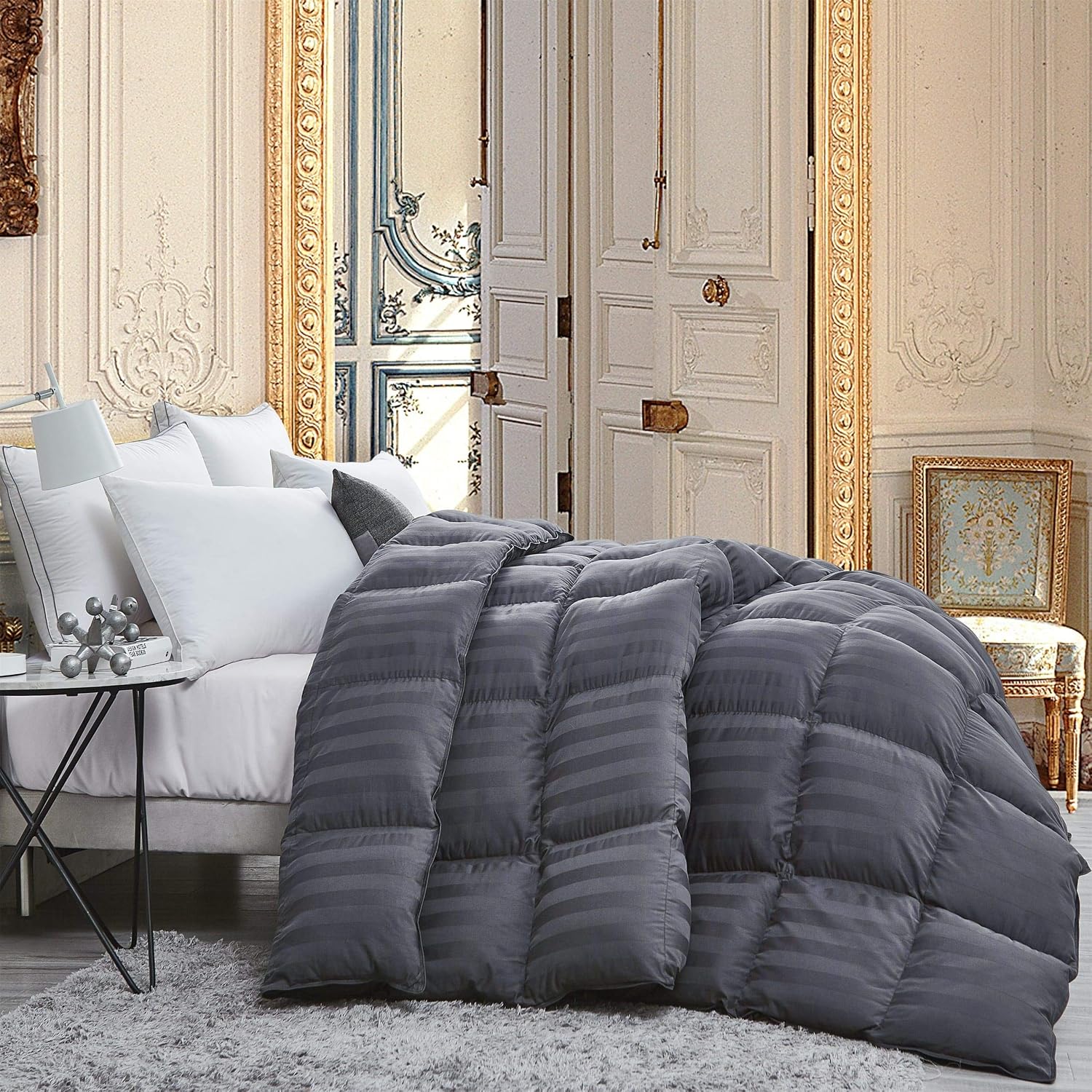 Luxurious All-Season Goose Down Comforter Queen Size Duvet Insert, Exquisite Gray Stripe Design, 1200 Thread Count 100% Egyptian Cotton Down Proof Fabric, 55 oz Fill Weight