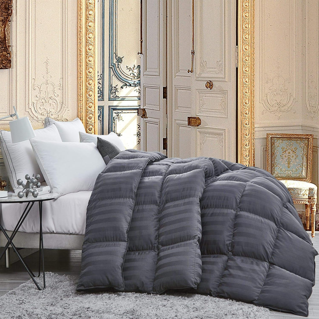 Luxurious All-Season Goose Down Fiber Comforter Twin/Twin XL Size Duvet Insert, Exquisite Gray Stripe Design, 100% Egyptian Cotton Down Proof Fabric, 50 oz Fill Weight