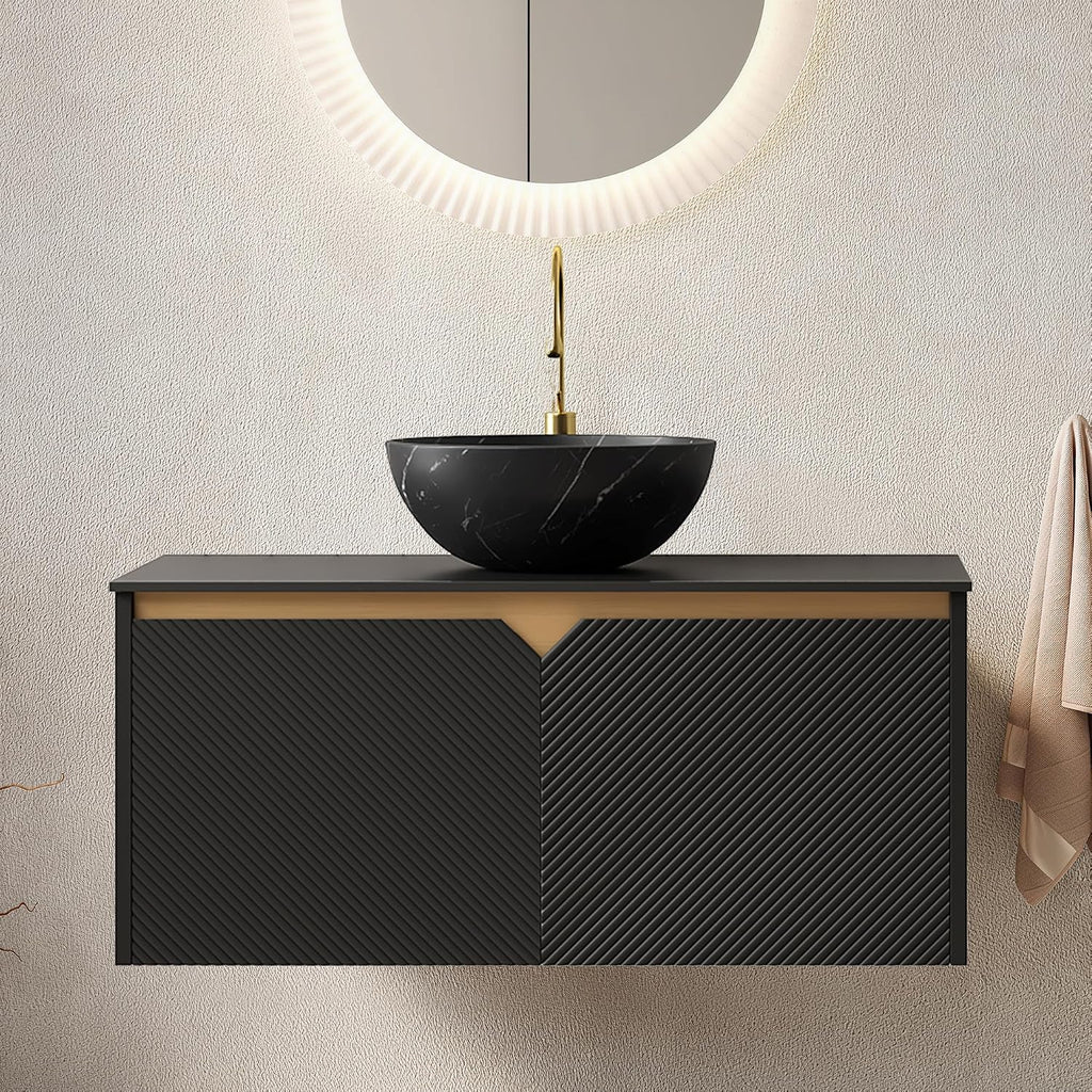 36 Inch Bathroom Vanity with Sink, Floating Fluted Vanity with Vessel Sink, Modern Bathroom Vanity Cabinet with 2 Doors, Bowl Vessel Sink & Sintered Stone Top, Black