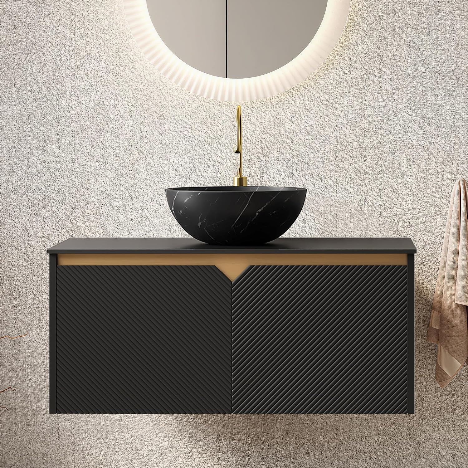 36 Inch Bathroom Vanity with Sink, Floating Fluted Vanity with Vessel Sink, Modern Bathroom Vanity Cabinet with 2 Doors, Bowl Vessel Sink & Sintered Stone Top, Black