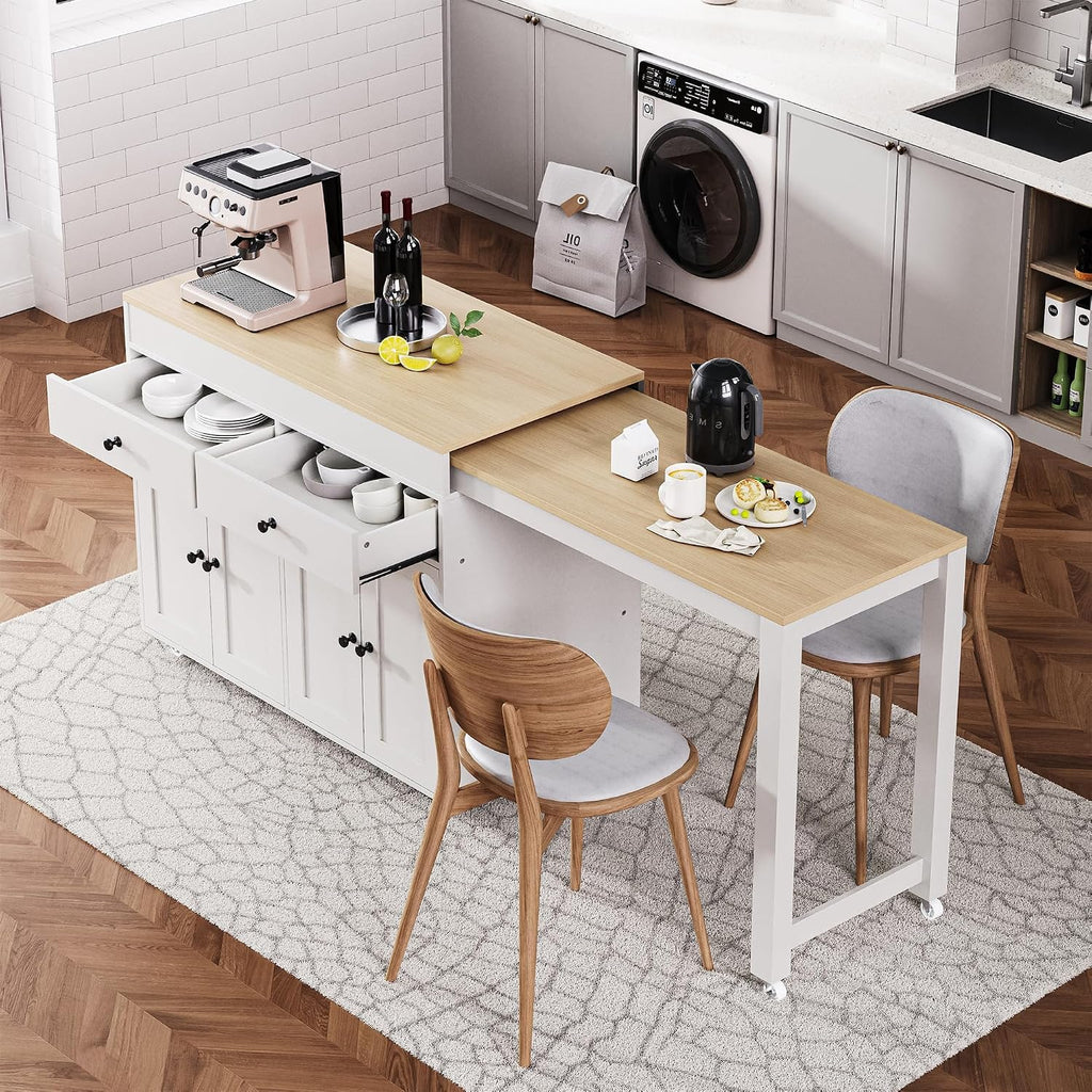 RUNNA 74.5 inch Kitchen Island with Extendable Dining Table,Rolling Island on Wheels with Spice Rack and 2 Drawers,Kitchen Storage Cart with 4 Door Cabinet (Off White#009)