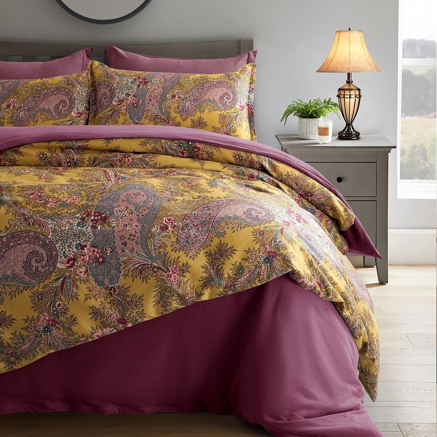 Classical Paisley Duvet Cover 3pc Set Bohemian Bedding Bothe Damask Antique Drawing Medallion 400TC Egyptian Cotton Sateen Luxury European Traditional Boho Floral Scarf Style Bed Linen (Mustard, King)