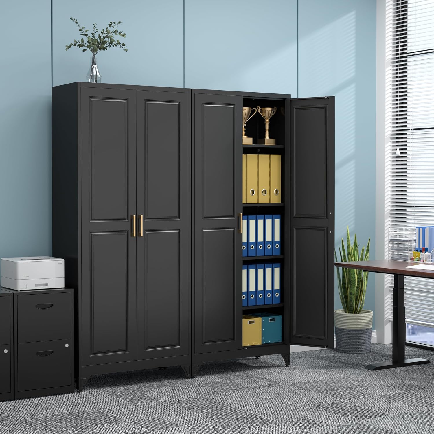 75' Kitchen Pantry Cabinet, Black Metal Storage Cabinets with 2 Doors and 4 Adjustable Shelves, Tall Pantry Storage Cabinet for Kitchen, Dining Room, Living Room