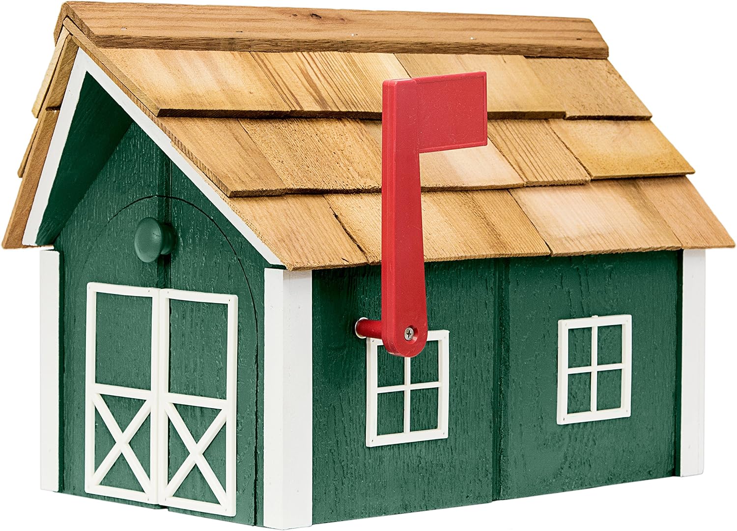 Amish-Made Deluxe Post Mount Wooden Mailbox with Cedar Shingles (Forest Green with White Trim)