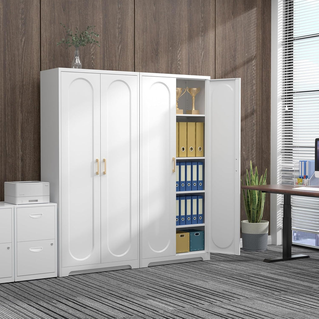 71' White Pantry Cabinet with Doors, Tall Metal Kitchen Pantry Storage Cabinet with 4 Adjustable Shelves and Gold Handles, Cupboard for Laundry, Dining Room, Living Room, Bathroom