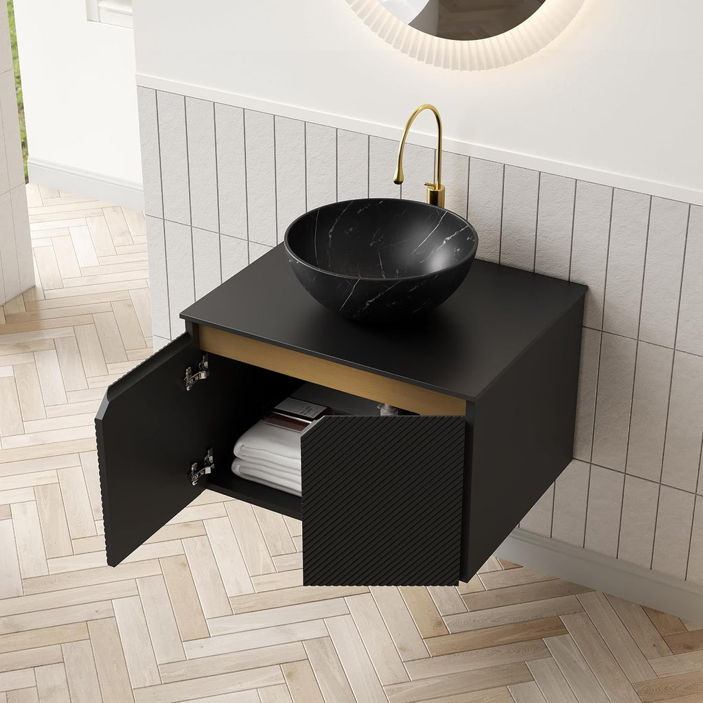 24 Inch Bathroom Vanity with Sink, Small Floating Fluted Vanity with Vessel Sink, Modern Wall Mounted Bathroom Vanity Cabinet with 2 Doors, Bowl Ceramic Sink & Sintered Stone Top, Black