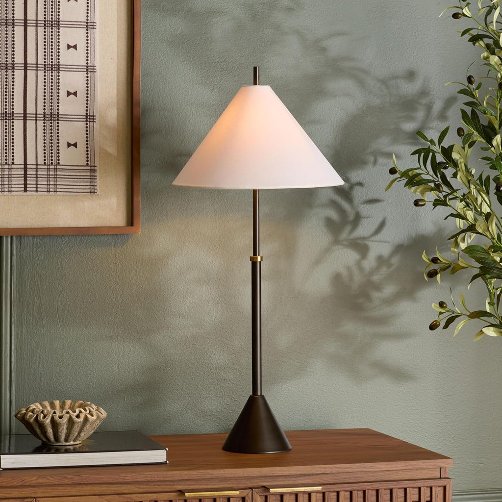 SAFAVIEH Lighting Collection - Troye Antique Silver Metal Table Lamp with White Fabric Shade, 30' Modern Bedside or Desk Light, E26 Bulb Compatible (TBL8004A)