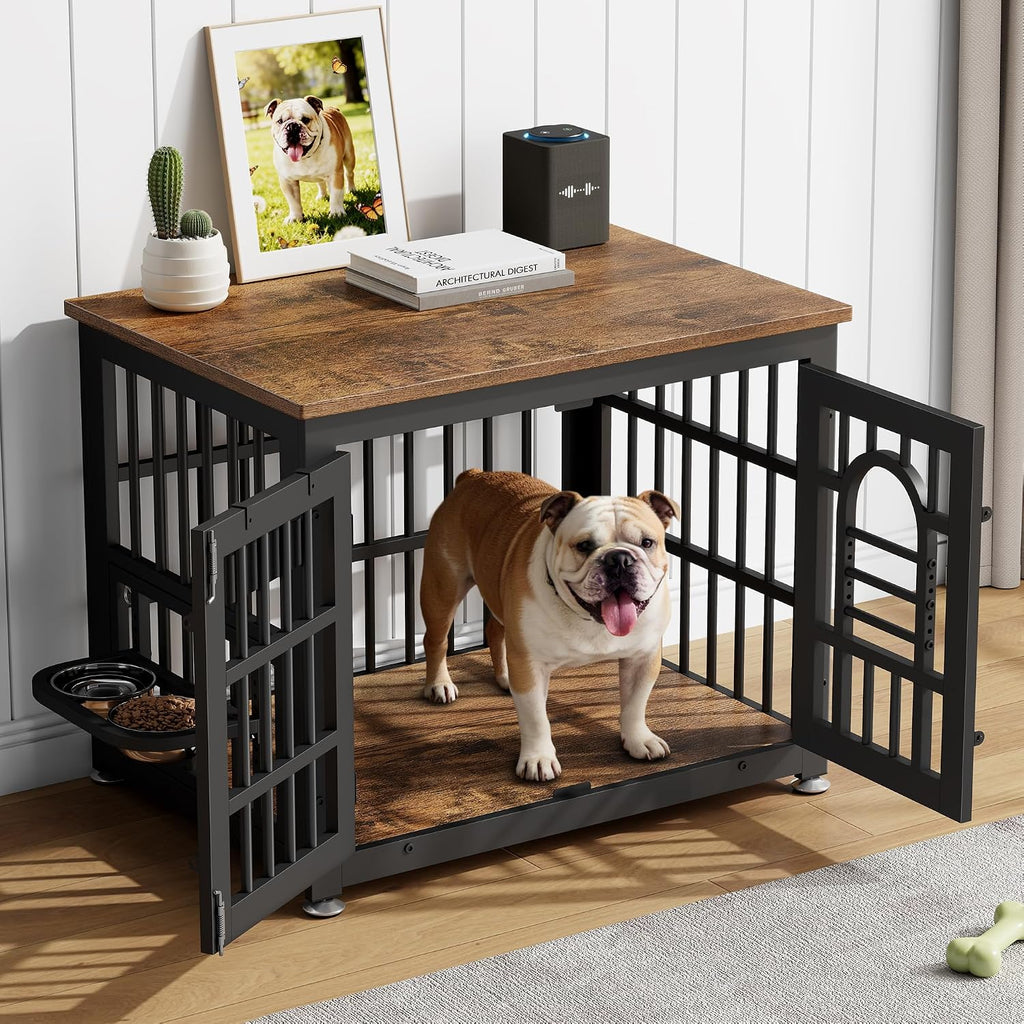 Lulive Dog Crate Furniture 31.5' Wooden Dog Kennel Table with Bowls Heavy Duty Dog Crates for Small/Medium/Large Dogs, Dog Kennel Furniture Indoor as TV Stand End Table,Brown