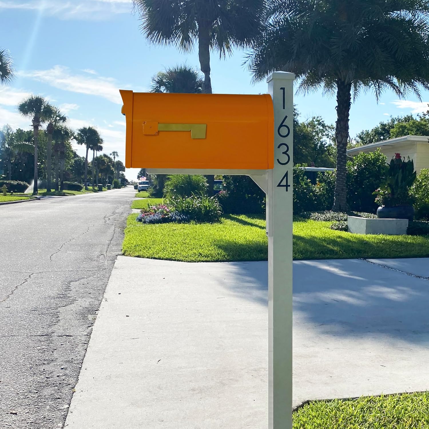 Special Lite Mid Modern Dylan Curbside Mailbox with Wellington Post - Orange Aluminum Mailbox with Post - SCD1008ORG_SPK720IVR_VN