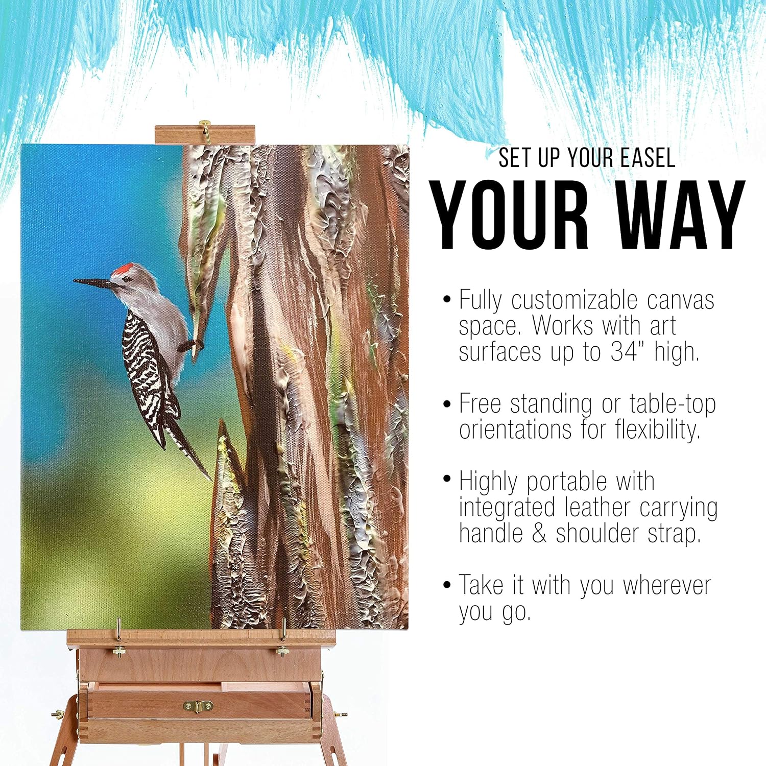 U.S. Art Supply Large Beechwood French Easel, Adjustable Plein Air Easels Sketchbox Tripod for Field & Studio Painting Easel for Adults, Drawing, Display - Portable with Artist Drawer & Palette