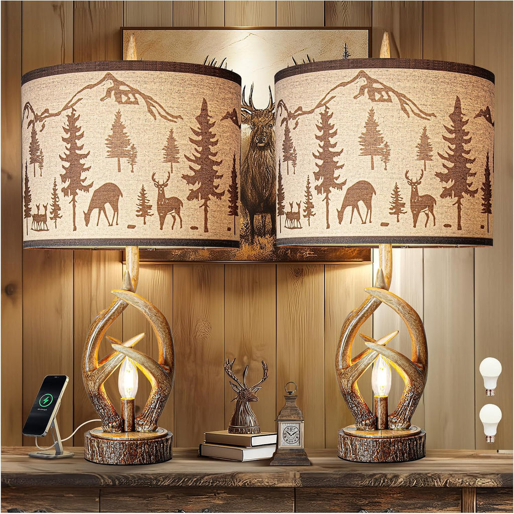 Scenekoy Antlers Style Table Lamp Set of 2 Rustic Bedside Lamp with Night Light Linen Fabric Shade Farmhouse Nightstand Lamps Decor for Living Room Bedroom House Home Office (Bulb Included)