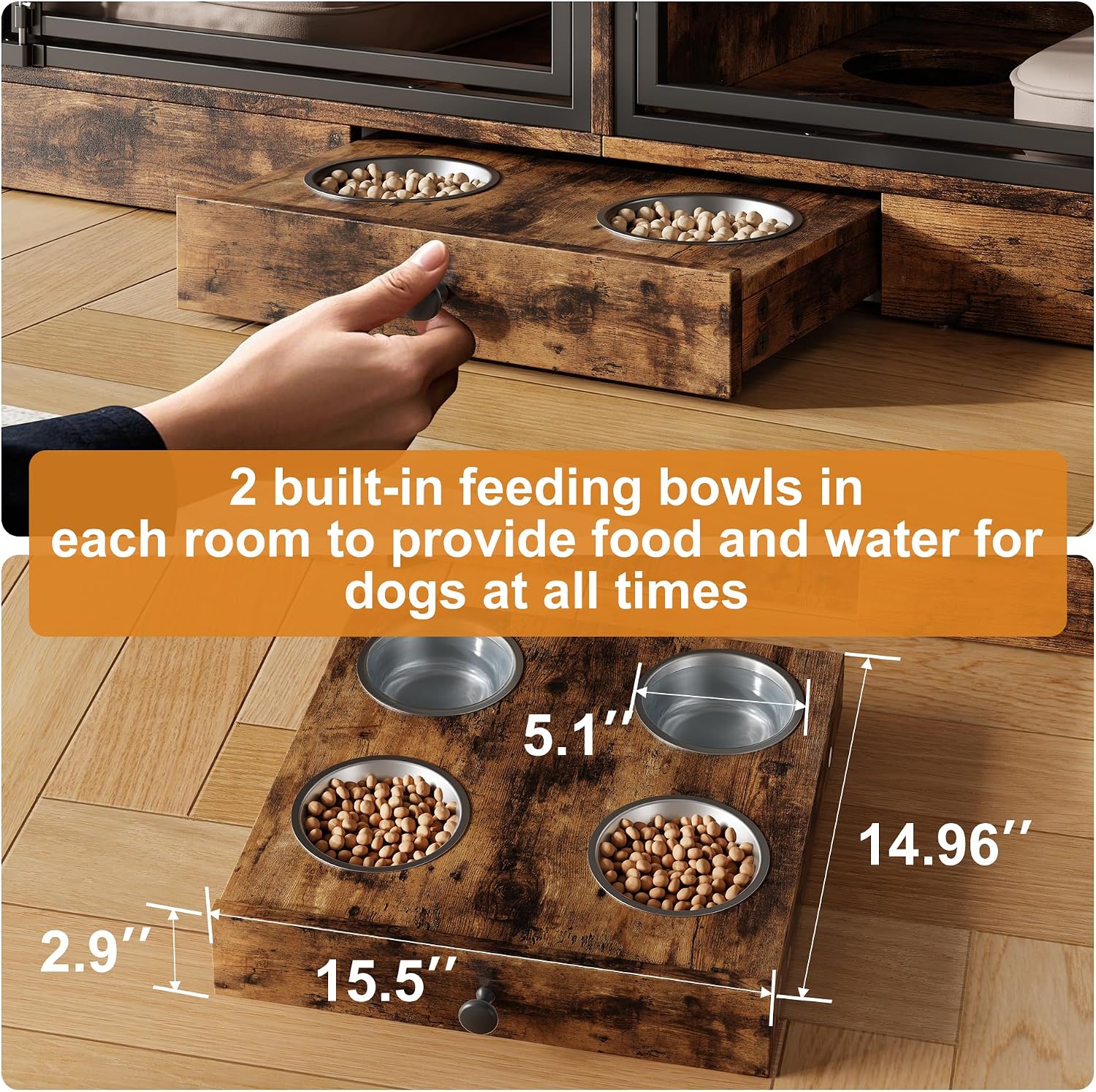 GarveeHome Dog Crate Furniture for 2 Dogs, Dog Kennel Indoor with 4 Storage Drawers and Feeding Bowls, Double Dog Crate TV Stand for Small Medium Dogs, Brown