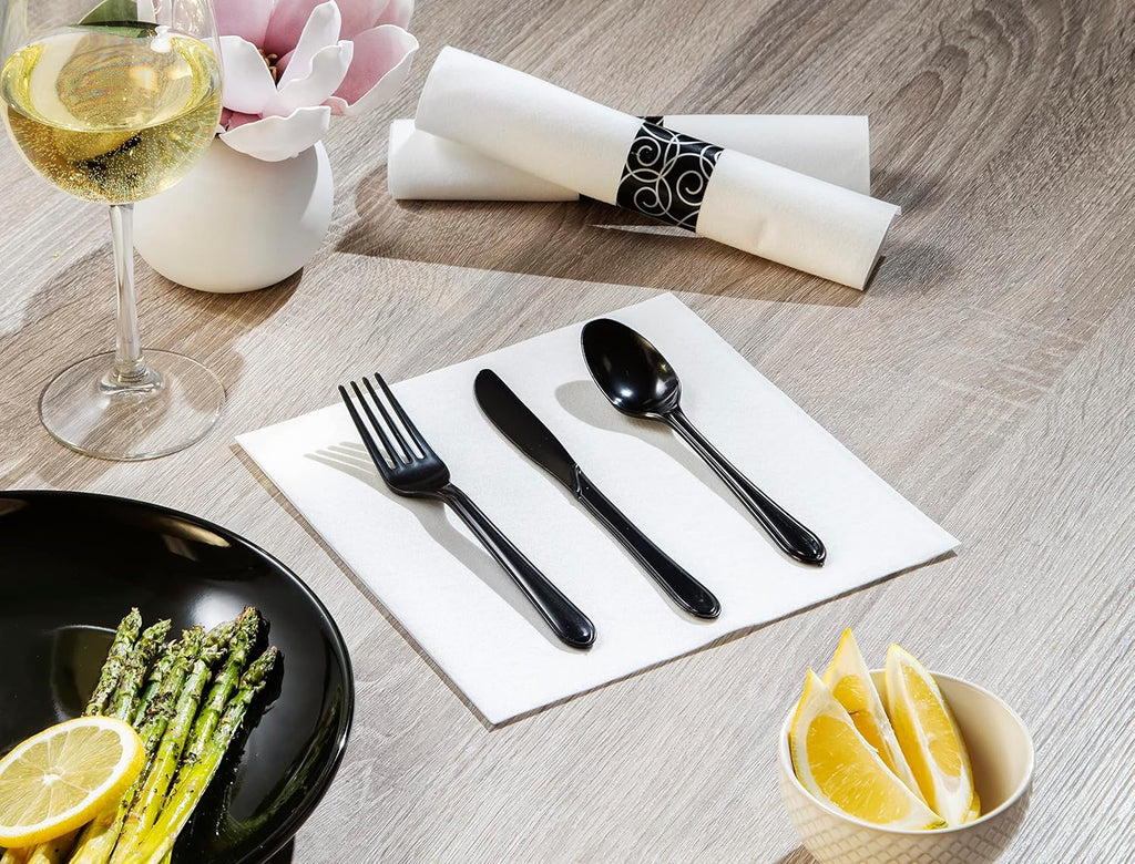 CaterWrap Pre-Rolled Cutlery, Mystic Linen-Like Napkin, Black/White, Case Of 200 Rolls