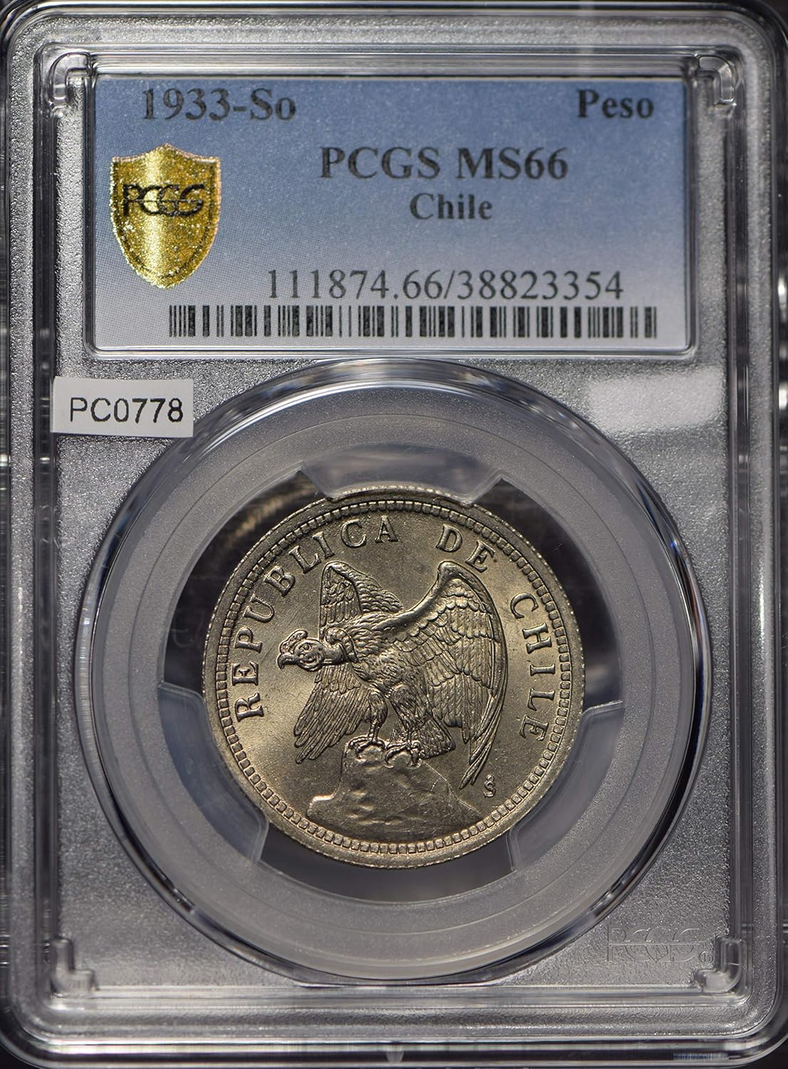 Collectible Coin Chile 1933 Peso Andean Condor animal PCGS MS66 rare this grade PC0778