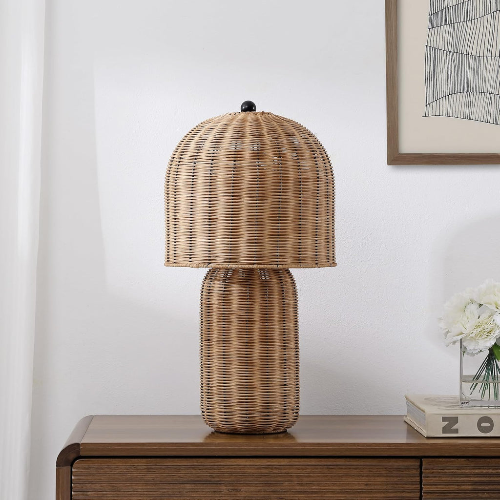 JONATHAN Y 22.5' Natural Brown Modern Coastal Woven Rattan Arched Table Lamp, Scandinavian Minimalist Bedside Lamp for Living Room, Bedroom, LED Bulb Included JYL5702A