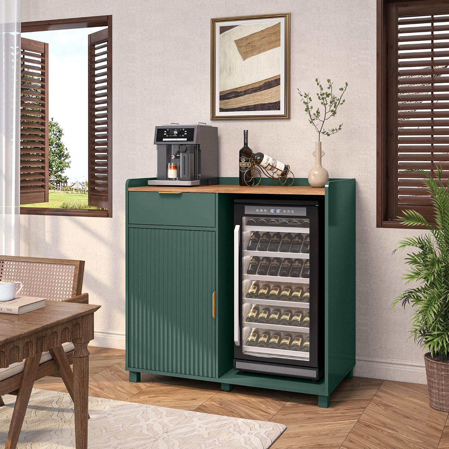 Bar Cabinet with Fridge Space&Fluted Door, Mini Fridge Cabinet with Wine Storage, Modern Sideboard Buffet Cabinet Coffee Station for Dining Room, Living Room, Kitchen, Green