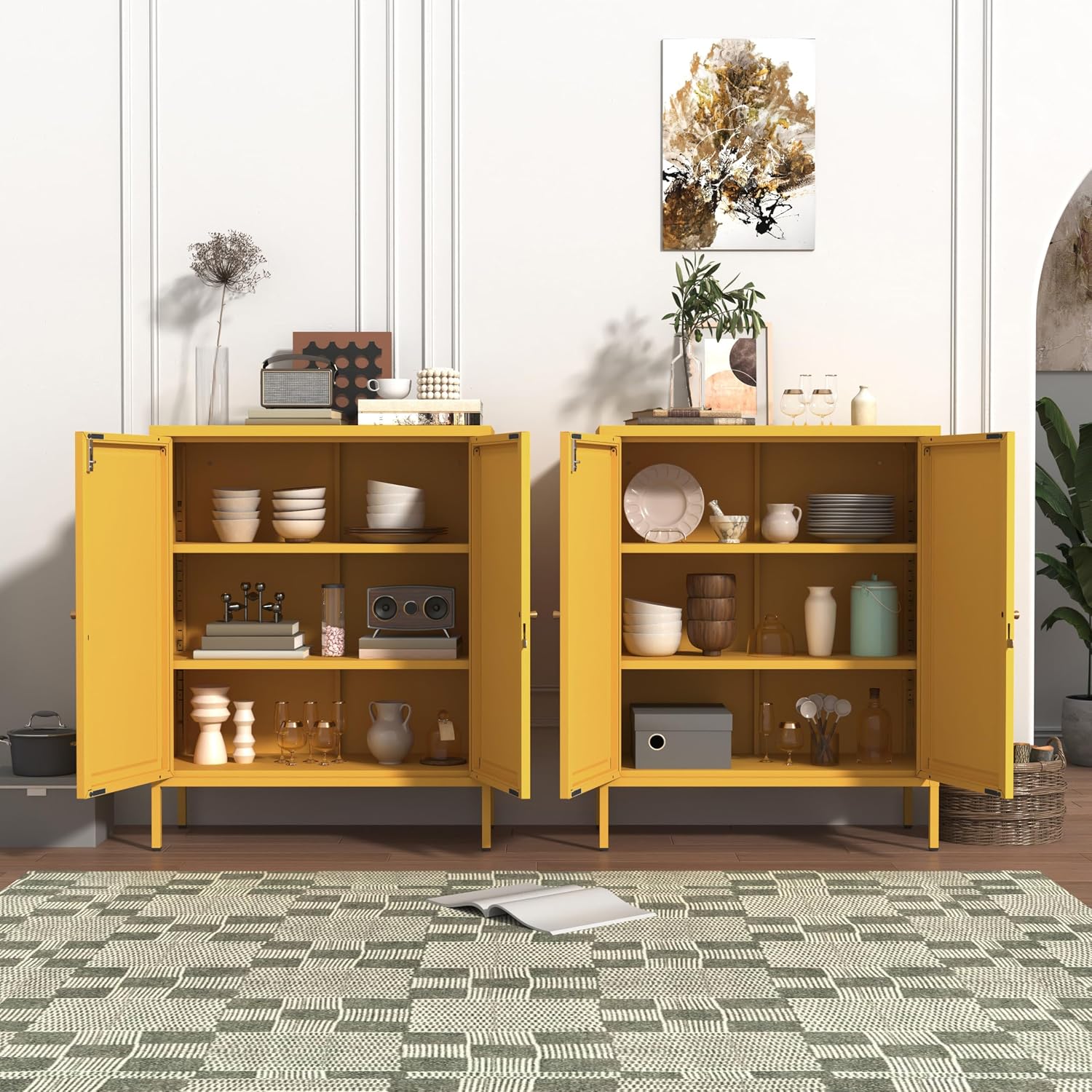 Lockable Metal Storage Cabinet Double Door Metal Cabinet Home Decor Cabinet with Adjustable Shelves Coffee Bar Cabinet Suitable for Living Room and Dining room Yellow : 13.8'D x 31.5'W x 36'H