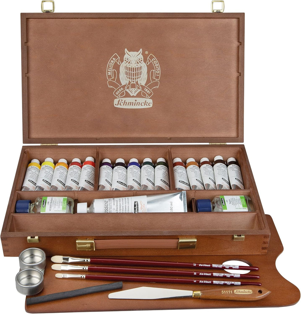 Schmincke - MUSSINI® Finest Resin Oil Colors Premium Wooden Box Oil Painting, 15 x 35 ml Set, 70 615 097,White 150 ml, Terpin, Palette Plug, 3 Brushes, Palette Knife, etc.