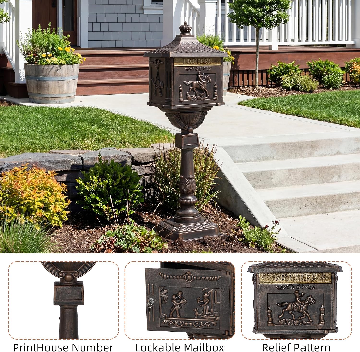 Cast Aluminum Locking Mailbox, Heavy Duty Security Postal Box, Retro Mid-Century Outdoor Mailbox with Key Lock, Weatherproof Anti-Theft Design, Easy Installation, Bronze