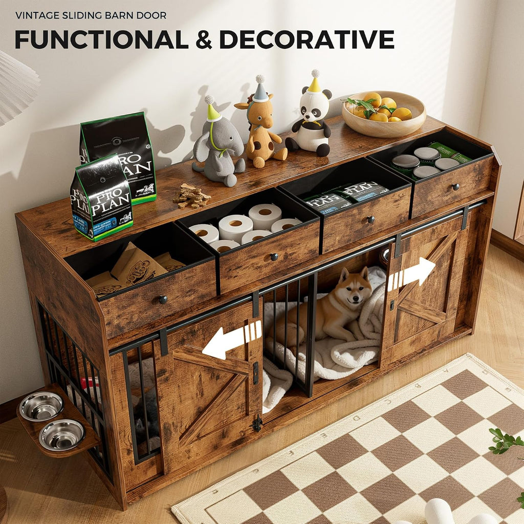 63' Double Dog Crate Furniture – Wooden Dog Kennel Indoor with Sliding Doors, Adjustable Bowls & Storage Drawers – Large Dog Crate TV Stand for 2 Dogs, Burnt Wood Color
