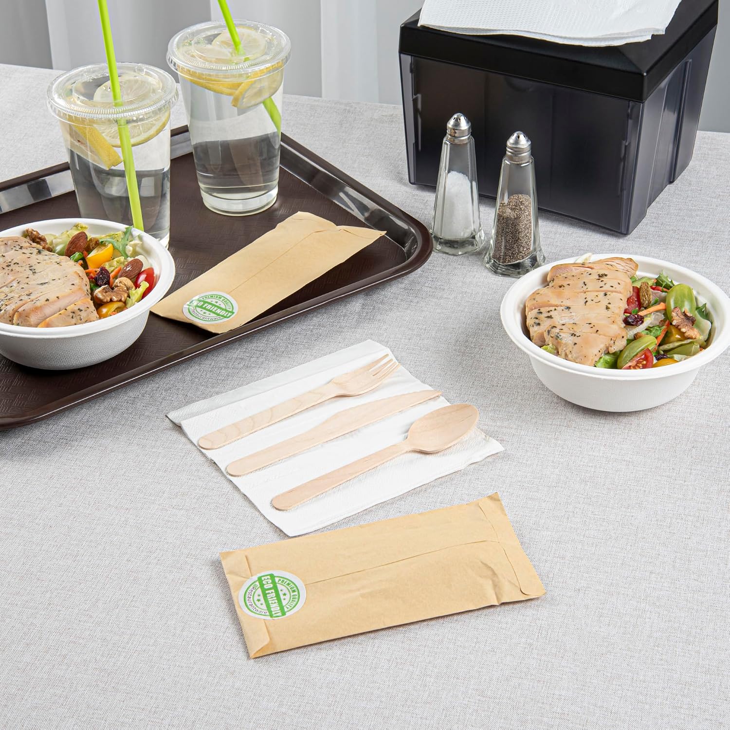 Restaurantware Eco Luxe 7 x 3.5 Inch Wooden Cutlery Set 100 Disposable Take Out Utensils - Includes White Napkin Prepackaged Birch Wood Utensil Sets Sustainable For Parties Or Picnics