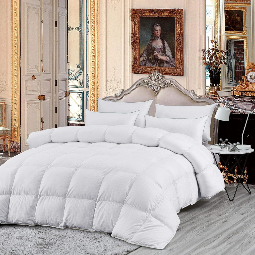 Luxurious Full/Queen Size Goose Down Comforter Duvet Insert, Exquisite Dobby Checkered Design, 1200 Thread Count 100% Egyptian Cotton, Hypoallergenic, 55 oz Fill Weight, Premium Baffle Box, White