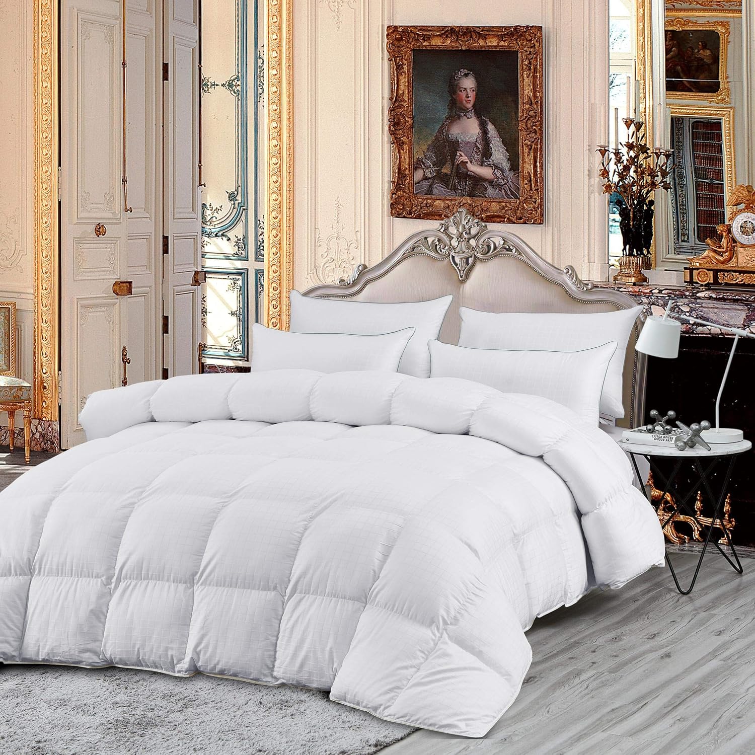 Luxurious Full/Queen Size Goose Down Comforter Duvet Insert, Exquisite Dobby Checkered Design, 1200 Thread Count 100% Egyptian Cotton, Hypoallergenic, 55 oz Fill Weight, Premium Baffle Box, White