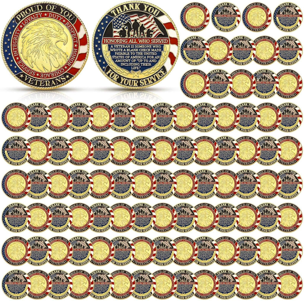 Siifert 100 Pcs Military Challenge Coins Independence Day Veteran Commemorative Thank You for Your Service Round Metal Christian Coin for Collectors Military Church School Party Collectible Souvenir