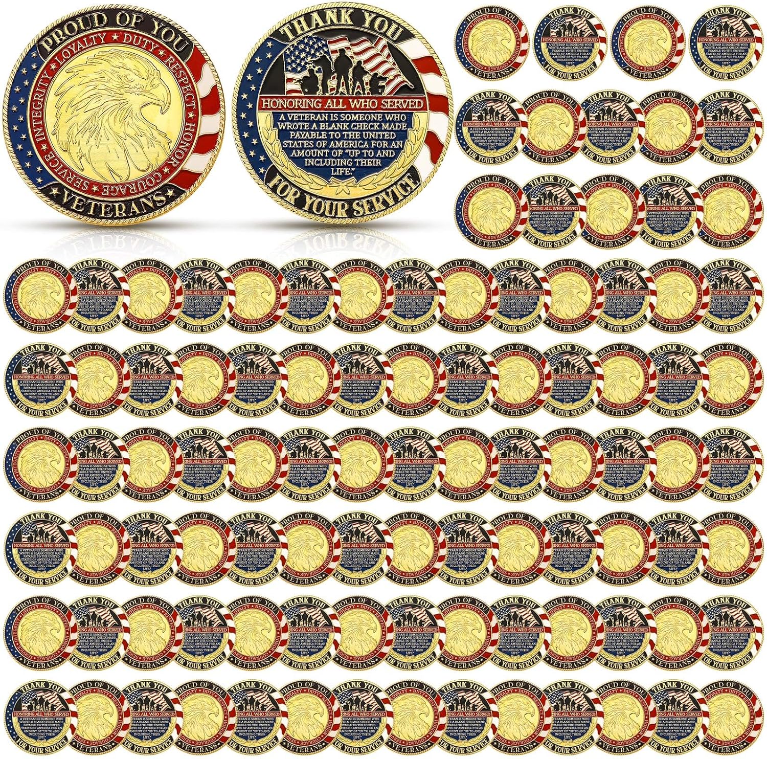 Siifert 100 Pcs Military Challenge Coins Independence Day Veteran Commemorative Thank You for Your Service Round Metal Christian Coin for Collectors Military Church School Party Collectible Souvenir