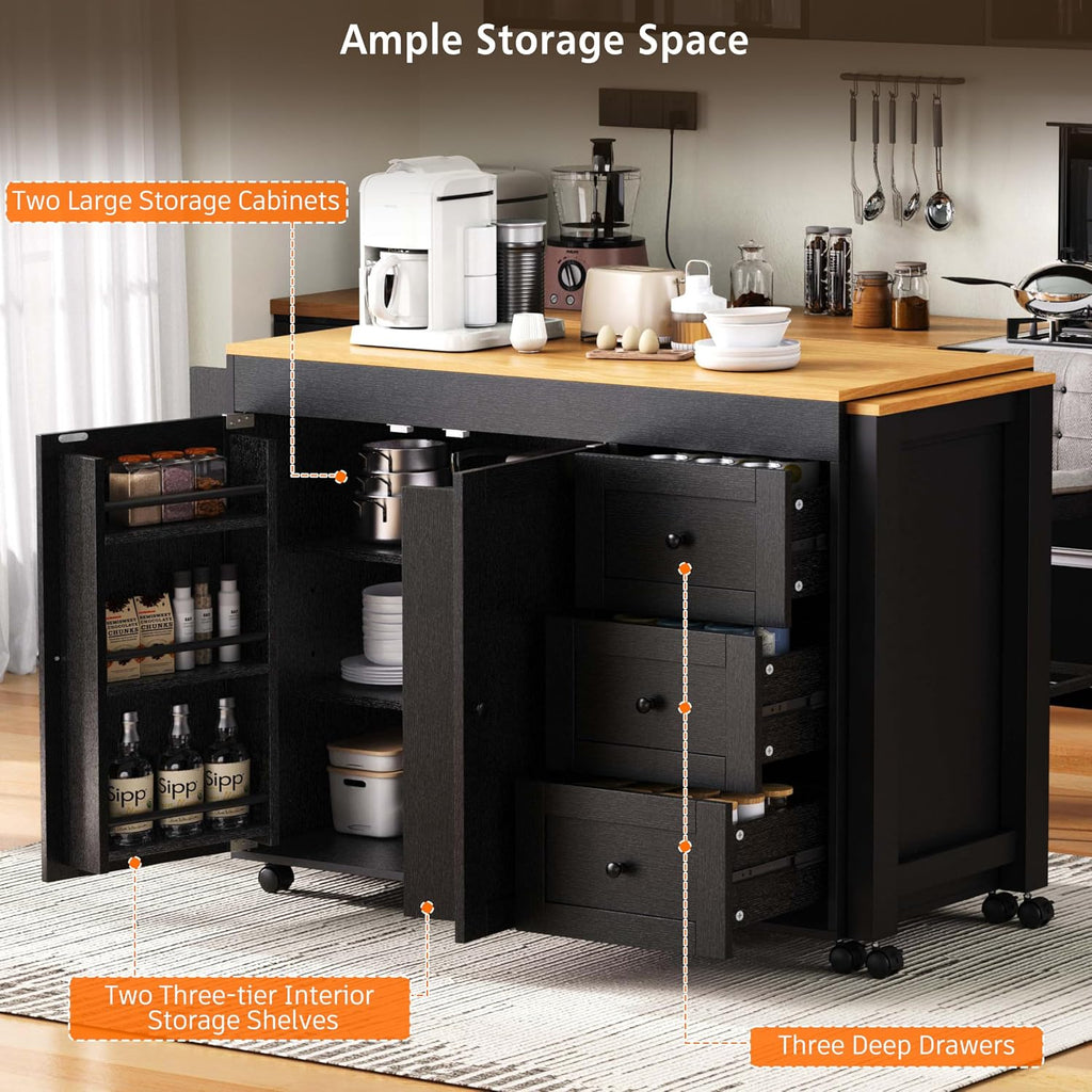 RUNNA Kitchen Island with Extendable Dining Table,Storage Cart with 3 Drawers,Power Outlet,Rolling Island on Wheels with Spice Rack and 2 Door Cabinet,for Kitchen (Black@01)