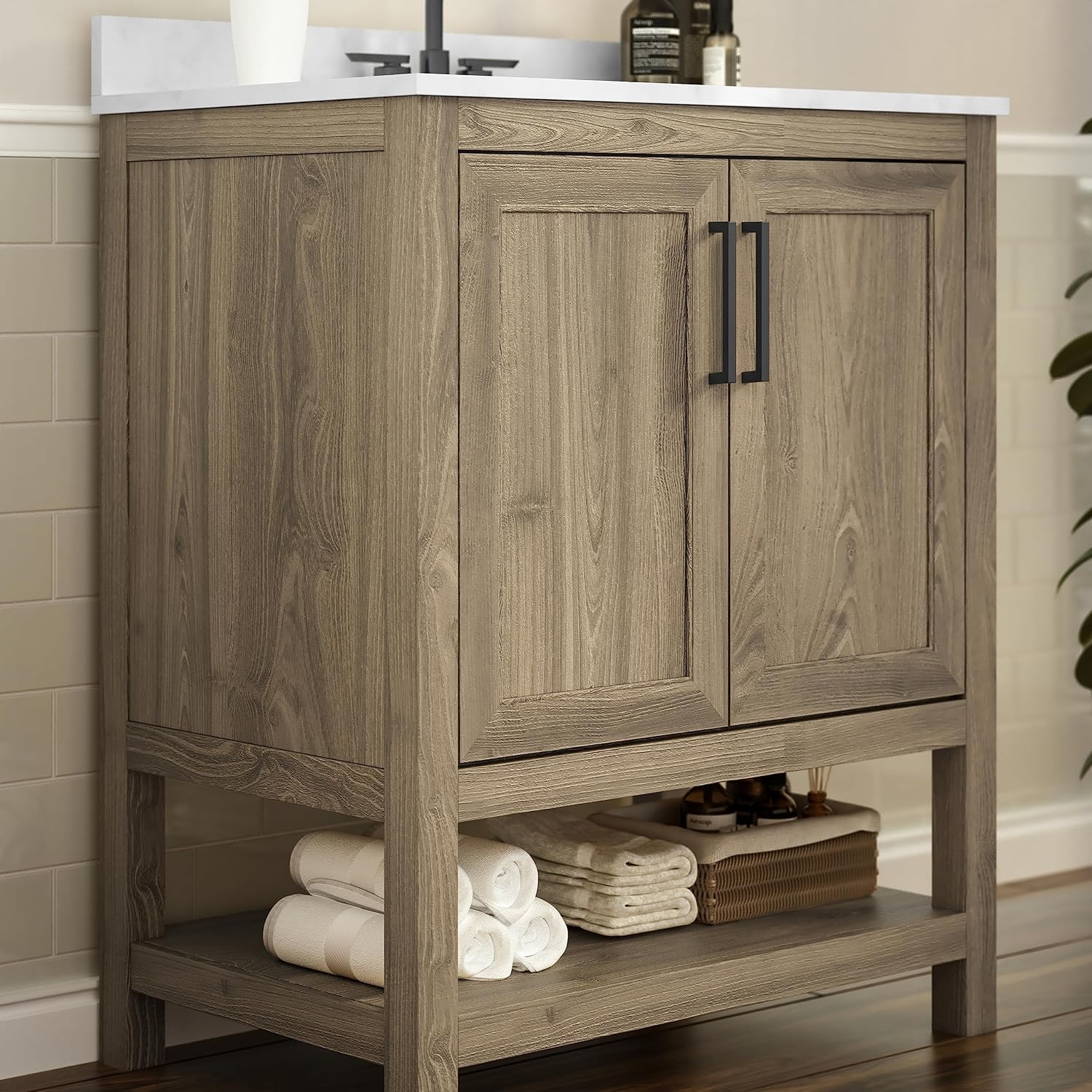 Flash Furniture Vega 30 Inch Bathroom Vanity with Sink Combo, Storage Cabinet with Soft Close Doors and Open Shelf, Carrara Marble Finish Countertop, Brown/White