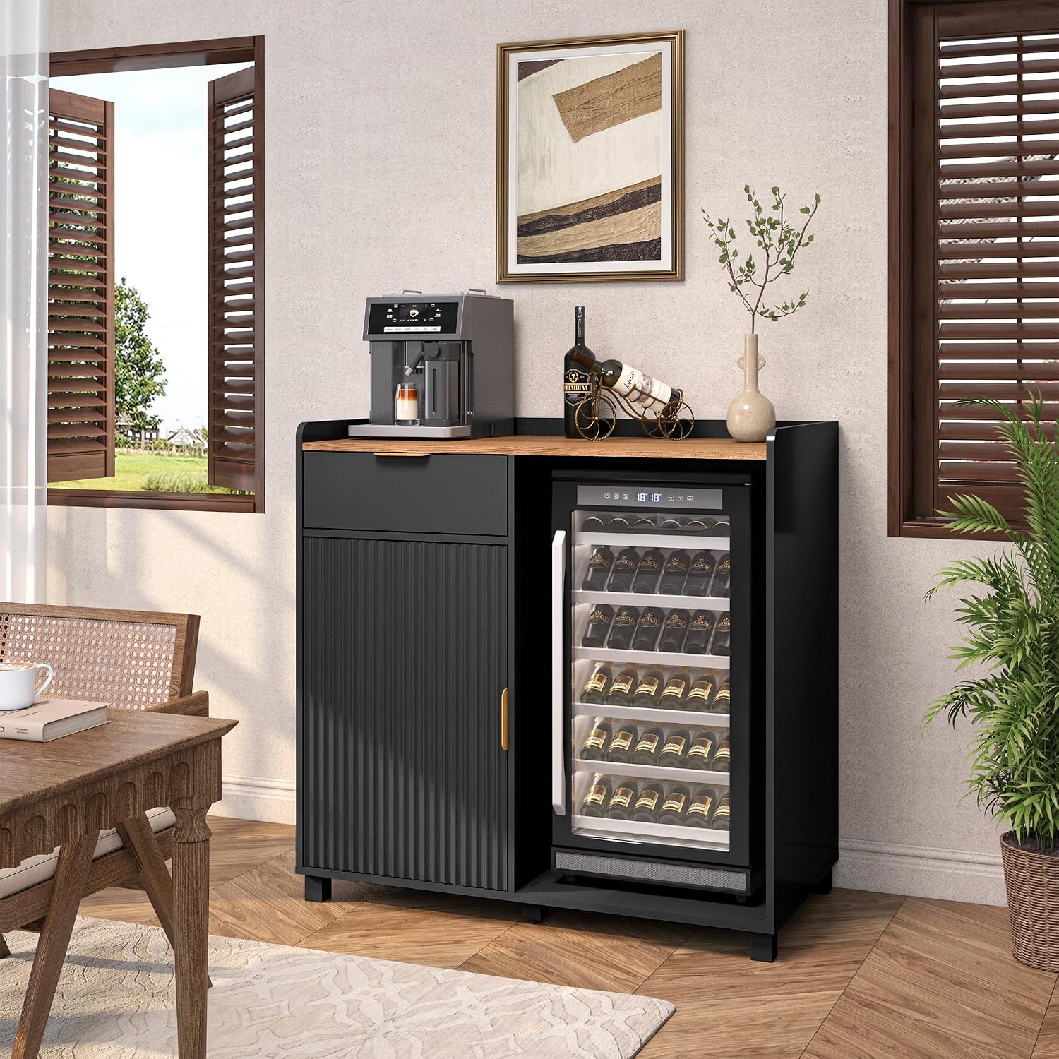 Bar Cabinet with Fridge Space&Fluted Door, Mini Fridge Cabinet with Wine Storage, Modern Sideboard Buffet Cabinet Coffee Station for Dining Room, Living Room, Kitchen, Black
