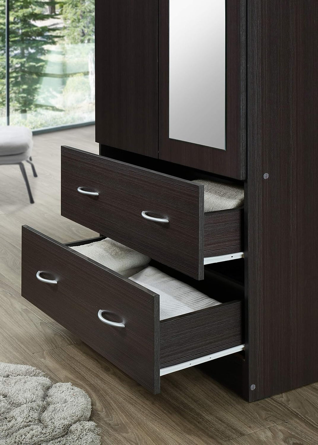 HODEDAH 2 Door Wood Wardrobe Bedroom Closet with Clothing Rod inside Cabinet, 2 Drawers for Storage and Mirror, Chocolate