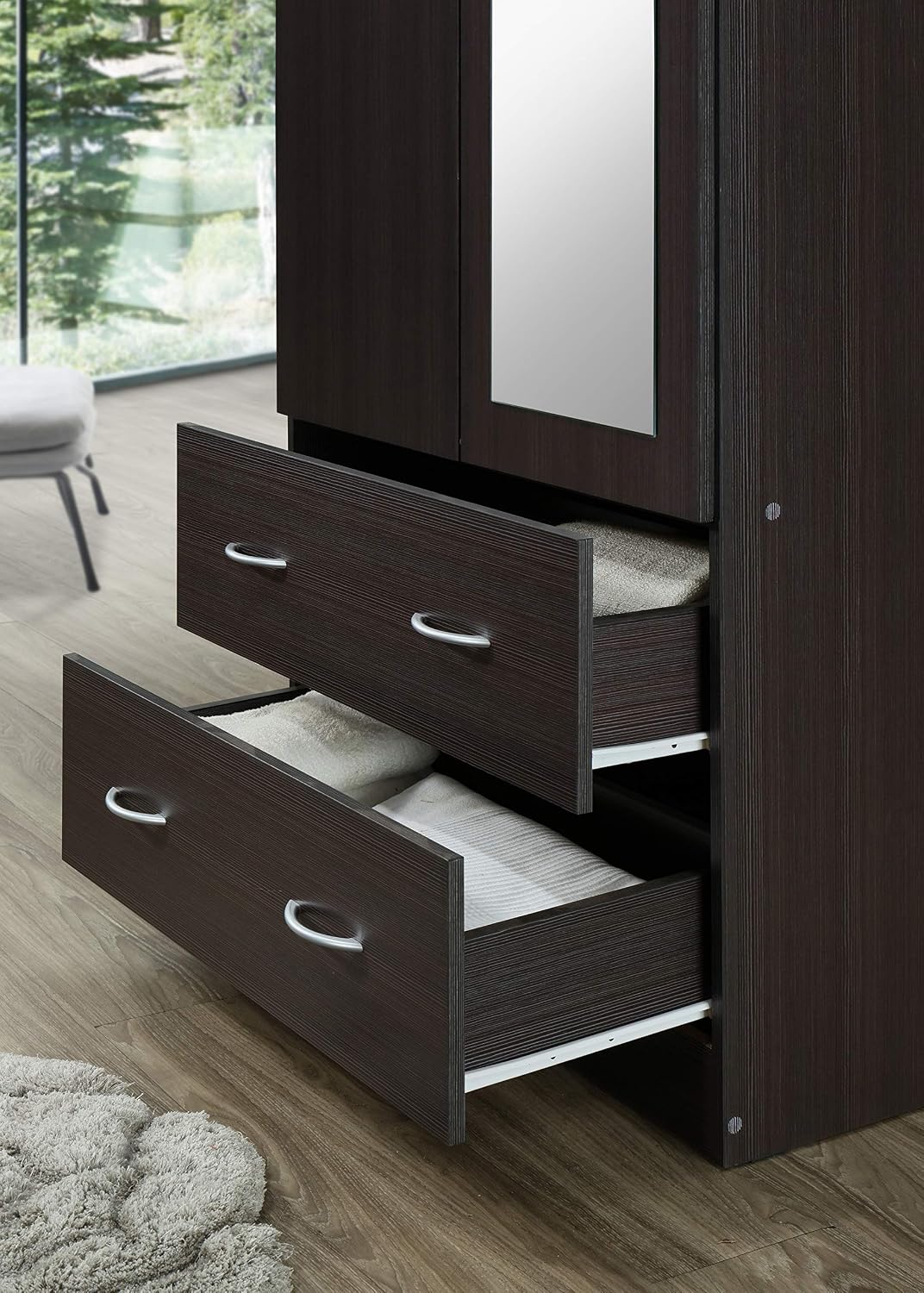 HODEDAH 2 Door Wood Wardrobe Bedroom Closet with Clothing Rod inside Cabinet, 2 Drawers for Storage and Mirror, Chocolate