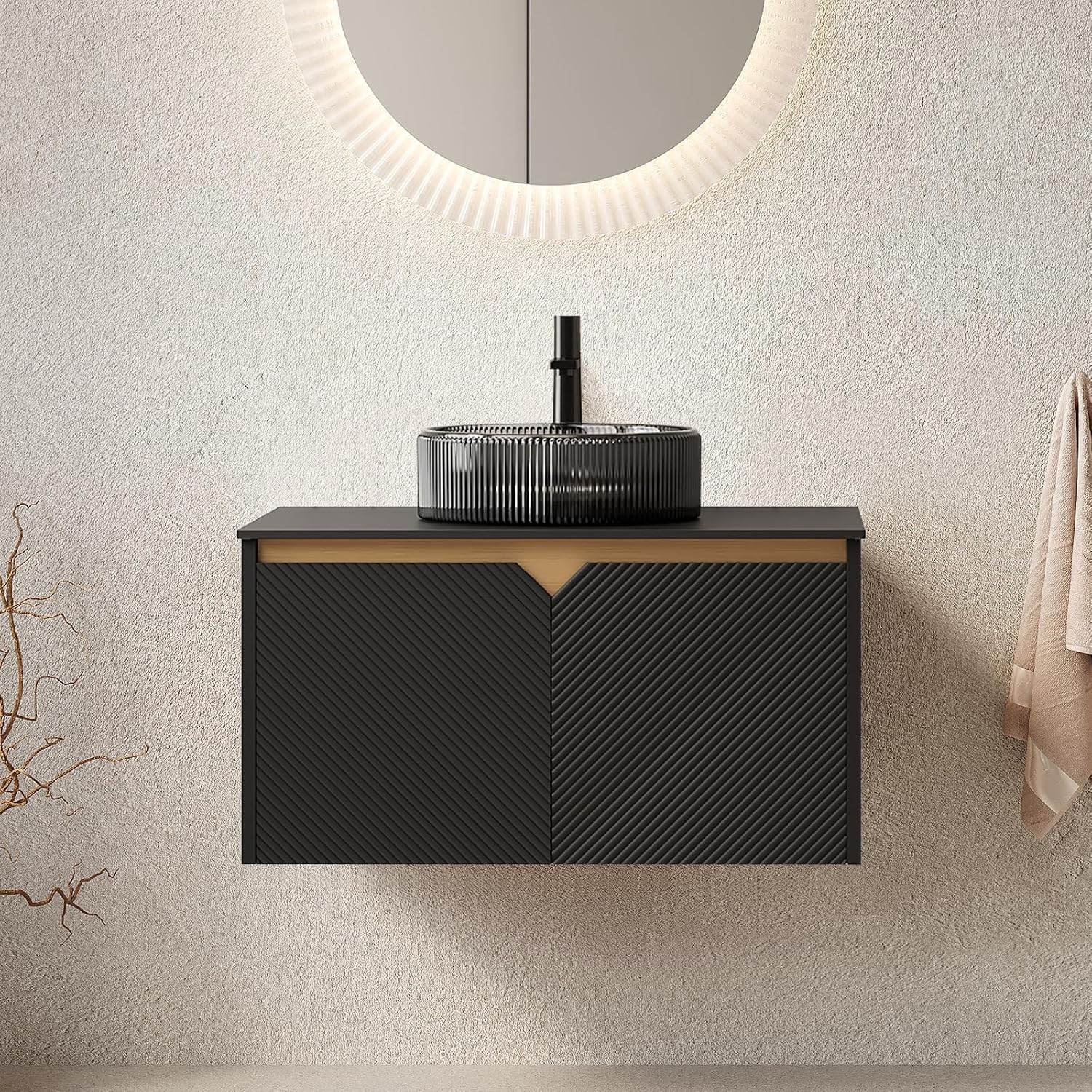30 Inch Bathroom Vanity with Sink, Floating Fluted Vanity with Vessel Sink, Modern Bathroom Vanity Cabinet with 2 Doors with Metal Trim, Round Glass Sink & Sintered Stone Top, Black