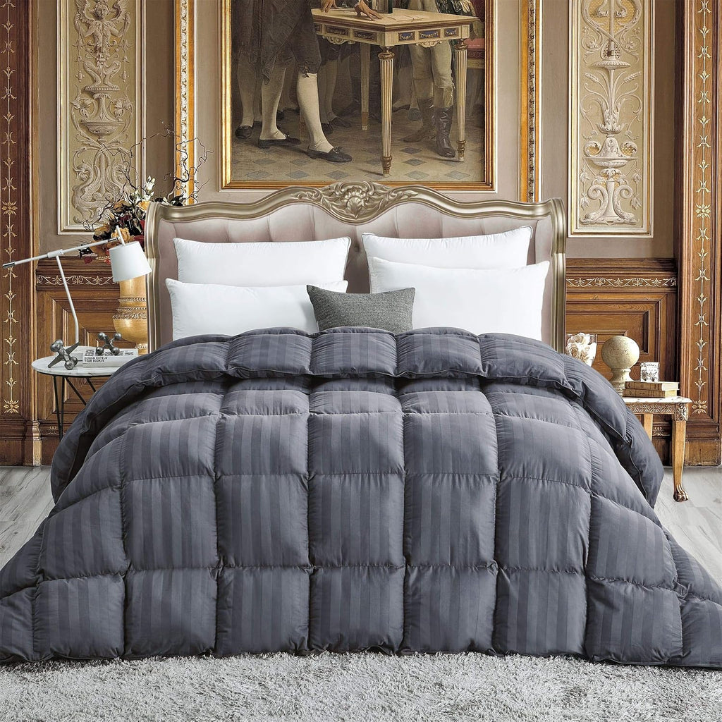 Luxurious All-Season Goose Down Comforter Queen Size Duvet Insert, Exquisite Gray Stripe Design, 1200 Thread Count 100% Egyptian Cotton Down Proof Fabric, 55 oz Fill Weight