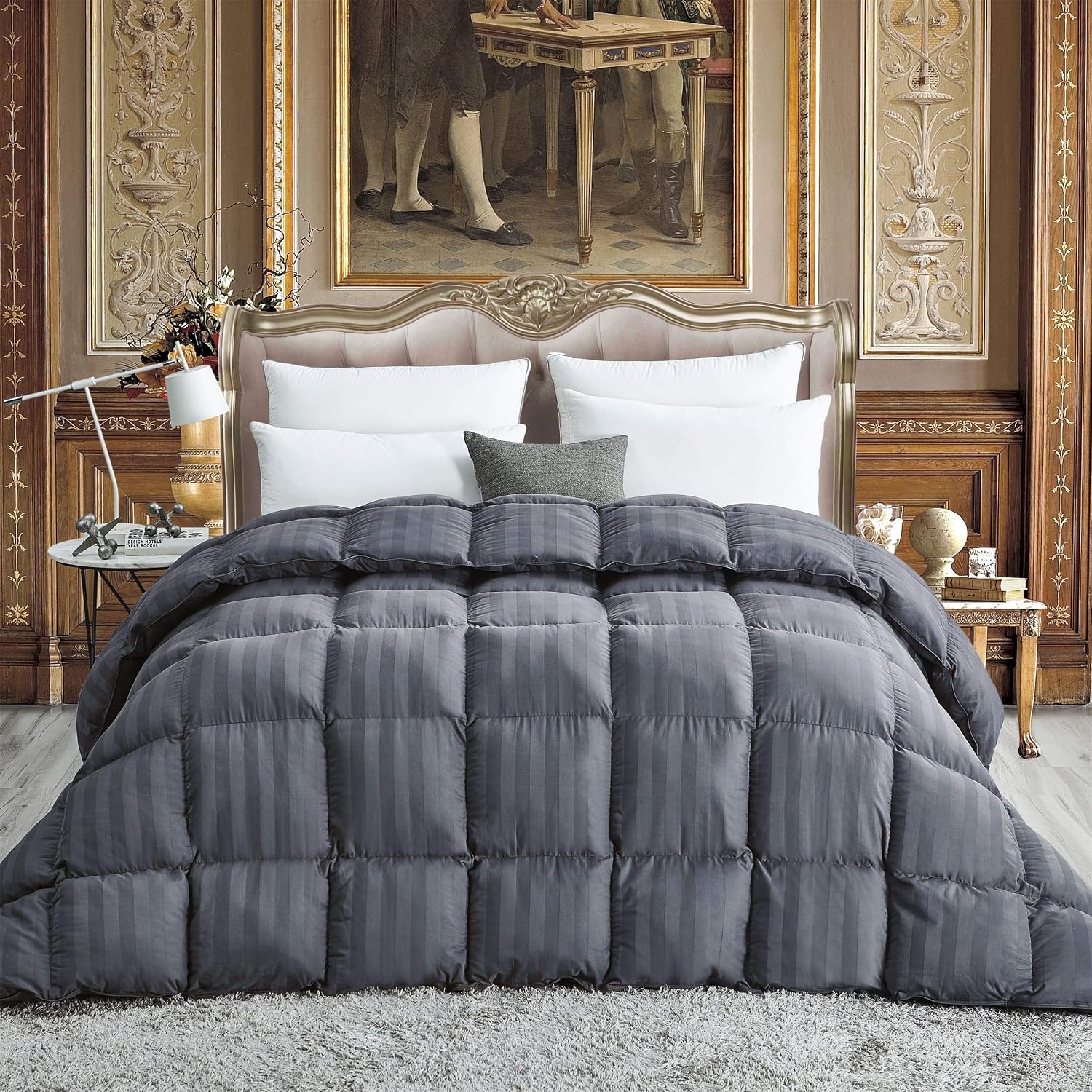 Luxurious All-Season Goose Down Comforter Queen Size Duvet Insert, Exquisite Gray Stripe Design, 1200 Thread Count 100% Egyptian Cotton Down Proof Fabric, 55 oz Fill Weight