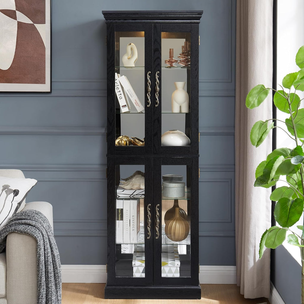 71' H Lighted Wooden Curio Cabinet, Freestanding Glass Display Case with Tempered Glass Door, Adjustable Shelves and Mirrored Back Panel, Decorative Cabinet for Living Room,Office (Black)