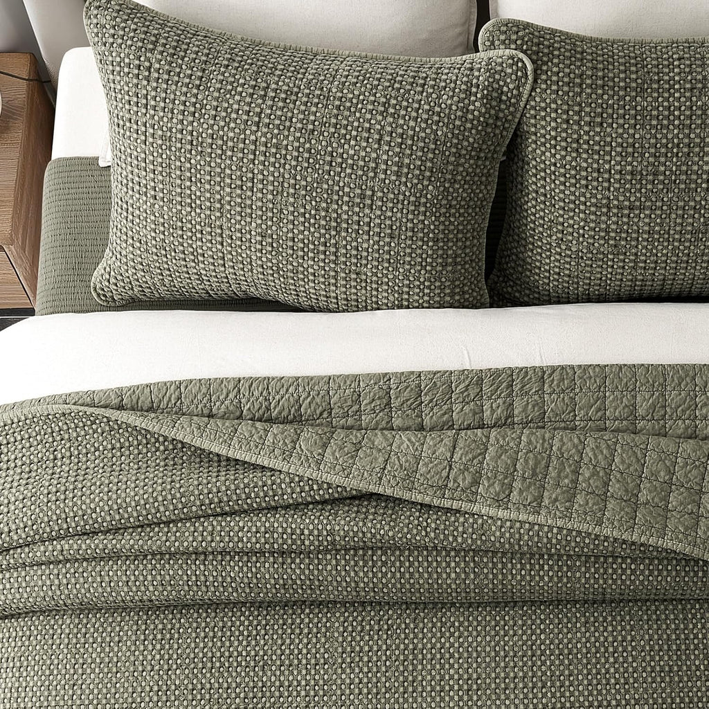EverGrace Stonewashed 100% Natural Cotton Waffle Quilt Set Queen Size 3 Pieces, Durable, Textured & Substantial Bedding, Quilted Coverlet Bedspread with 2 Shams for All Seasons, Olive Green