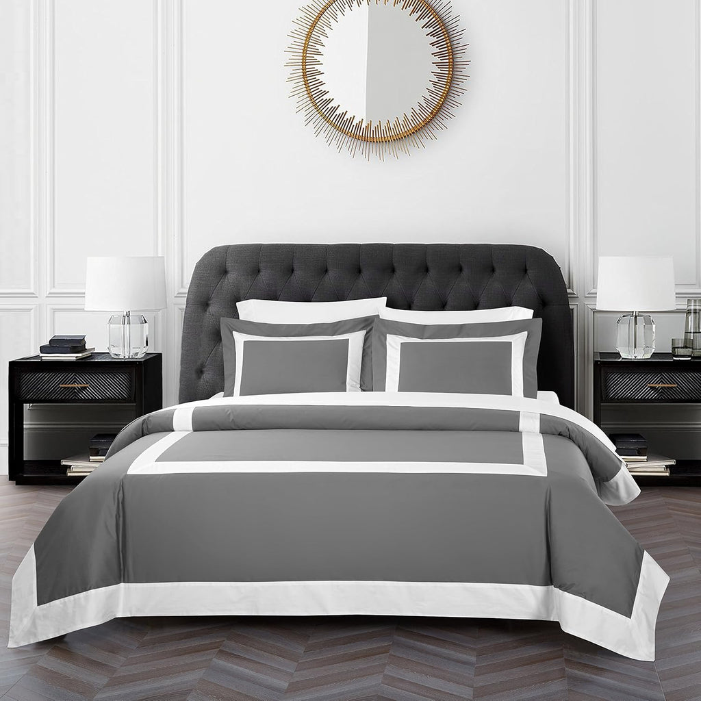 Casabolaj Bicolore Collection 3 Pieces Duvet Cover Set 100% Egyptian Cotton Sateen 400 Thread Count Bedding Sets Queen King-Frame Patchwork Manufacturing-Grey/White Color (California King)